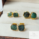 Raw Emerald Electroplated Stud Earrings, Birthstone Stud, Dainty Rough Stone, Raw Gemstone Earrings, Women Earrings Stud, Boho Gift For Her